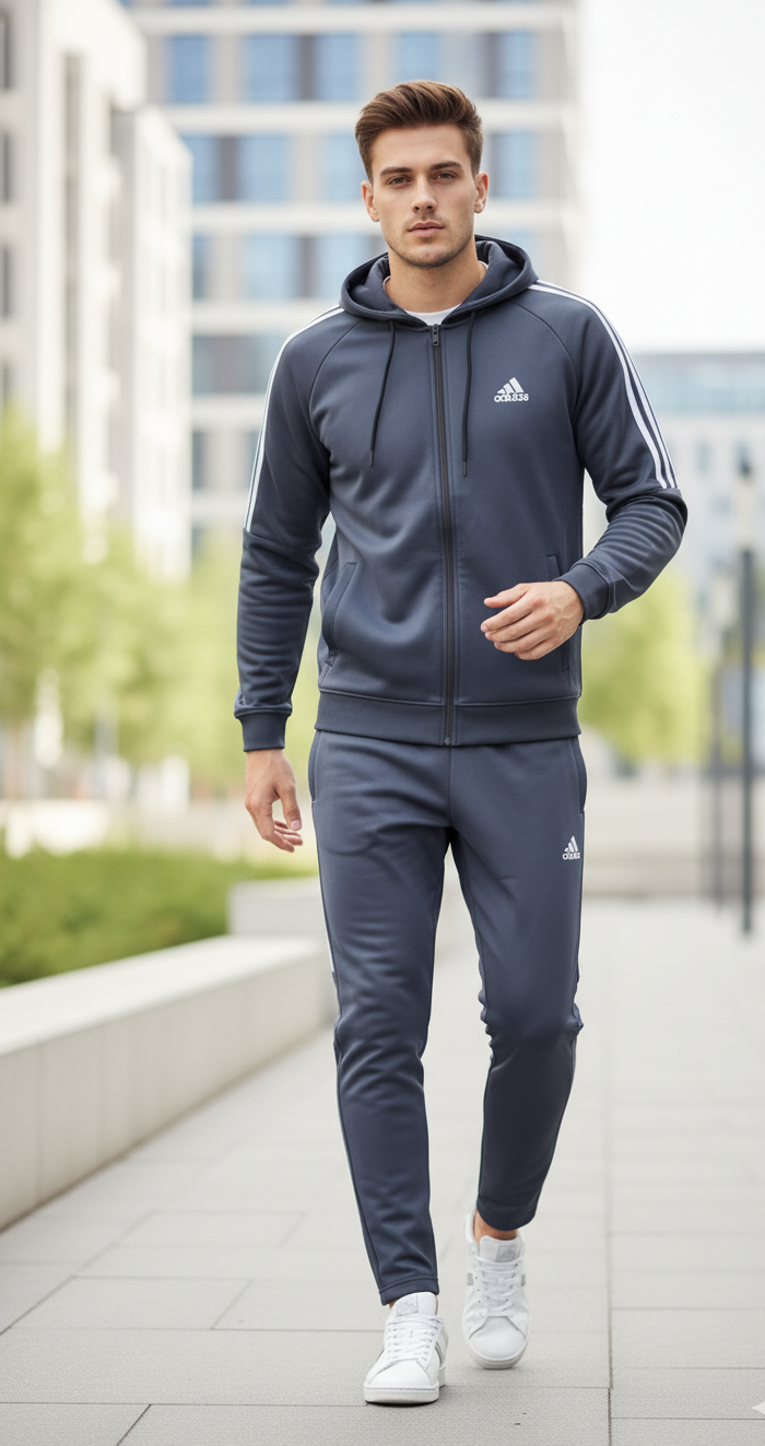 Adidas Interlock Polyester Fleece Tracksuit Grey in steel color worn by model outdoors
