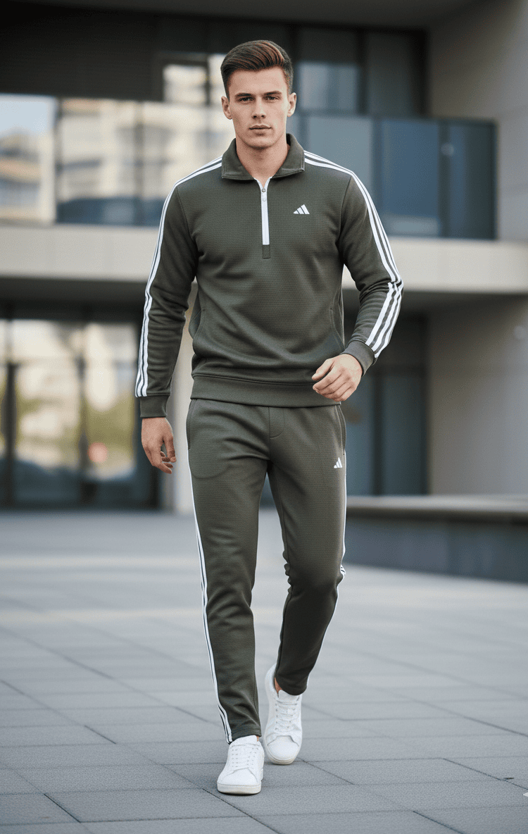 ADIDAS 3 STRAP COLLAR HALF ZIP CHECK TRACKSUIT | Dark Olive Green